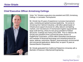 84
Victor “Vic” Grizzle is executive vice president and CEO, Armstrong
Ceilings, in Lancaster, Pennsylvania.
Mr. Grizzle has 23 years of experience in process improvement,
sales, marketing and global business leadership. He comes to
Armstrong from Valmont Industries, a $2 billion global leader of
infrastructure support structures for utility, telecom and lighting
markets, and manufacturer of mechanized irrigation equipment for
large scale farming, where he was group president of Global
Structures, Coatings and Tubing since 2005. Prior to Valmont, Mr.
Grizzle was president of the commercial power division of
EaglePicher Corporation, a $700 million diversified manufacturer
and marketer of advanced technology and industrial products for
space, defense, automotive, filtration, pharmaceutical, environmental
and commercial applications. Before that, he spent 16 years at
General Electric Corporation.
Mr. Grizzle graduated from California Polytechnic University with a
Bachelor of Science in Mechanical Engineering.
Victor Grizzle
Chief Executive Officer Armstrong Ceilings
 