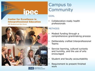 Campus to
Community
GOAL
• Collaboration-ready health
professionals
METHODS
• Modest funding through a
comprehensive grantmaking process
• Deliberately crafted Interprofessional
Teams
• Service learning, cultural curiosity
and humility, and the use of arts
encouraged
• Student and faculty accountability
• Requirement to present finished
work
 