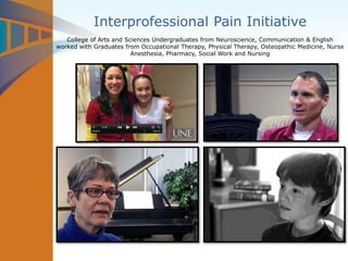 Interprofessional Pain Initiative
College of Arts and Sciences Undergraduates from Neuroscience, Communication & English
worked with Graduates from Occupational Therapy, Physical Therapy, Osteopathic Medicine, Nurse
Anesthesia, Pharmacy, Social Work and Nursing
 
