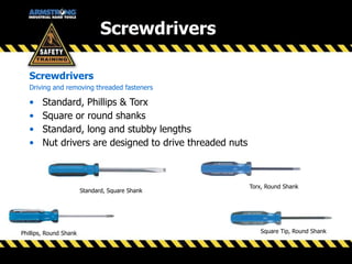 Screwdrivers
Screwdrivers
Driving and removing threaded fasteners
• Standard, Phillips & Torx
• Square or round shanks
• Standard, long and stubby lengths
• Nut drivers are designed to drive threaded nuts
Standard, Square Shank
Phillips, Round Shank Square Tip, Round Shank
Torx, Round Shank
 