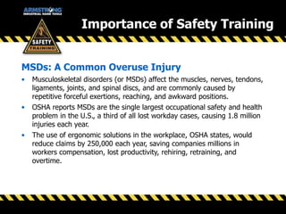 • Musculoskeletal disorders (or MSDs) affect the muscles, nerves, tendons,
ligaments, joints, and spinal discs, and are commonly caused by
repetitive forceful exertions, reaching, and awkward positions.
• OSHA reports MSDs are the single largest occupational safety and health
problem in the U.S., a third of all lost workday cases, causing 1.8 million
injuries each year.
• The use of ergonomic solutions in the workplace, OSHA states, would
reduce claims by 250,000 each year, saving companies millions in
workers compensation, lost productivity, rehiring, retraining, and
overtime.
MSDs: A Common Overuse Injury
Importance of Safety Training
 