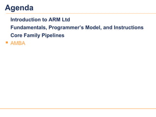 3030
Agenda
Introduction to ARM Ltd
Fundamentals, Programmer’s Model, and Instructions
Core Family Pipelines
 AMBA
 