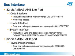 Bus Interface
 32-bit AMBA3 AHB Lite Port
 ICode Interface
 Instruction fetch from memory range 0x0-0x1FFFFFFF
 No debug access
 DCode Interface
 Data and debug access on memory range 0x0-0x1FFFFFFF
 System Interface
 Instruction, Data and debug access on memory range
0x20000000-0xDFFFFFFF and 0xE0100000-0xFFFFFFFF
 32-bit AMBA3 APB port
 Private Peripheral Bus
 Data and debug access on memory range 0xE0000000-
0xE00FFFFF
20
 