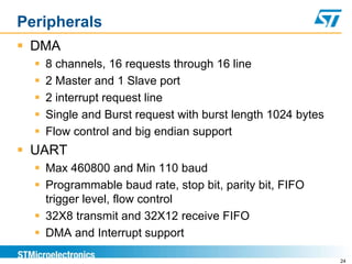 Peripherals
 DMA
 8 channels, 16 requests through 16 line
 2 Master and 1 Slave port
 2 interrupt request line
 Single and Burst request with burst length 1024 bytes
 Flow control and big endian support
 UART
 Max 460800 and Min 110 baud
 Programmable baud rate, stop bit, parity bit, FIFO
trigger level, flow control
 32X8 transmit and 32X12 receive FIFO
 DMA and Interrupt support
24
 