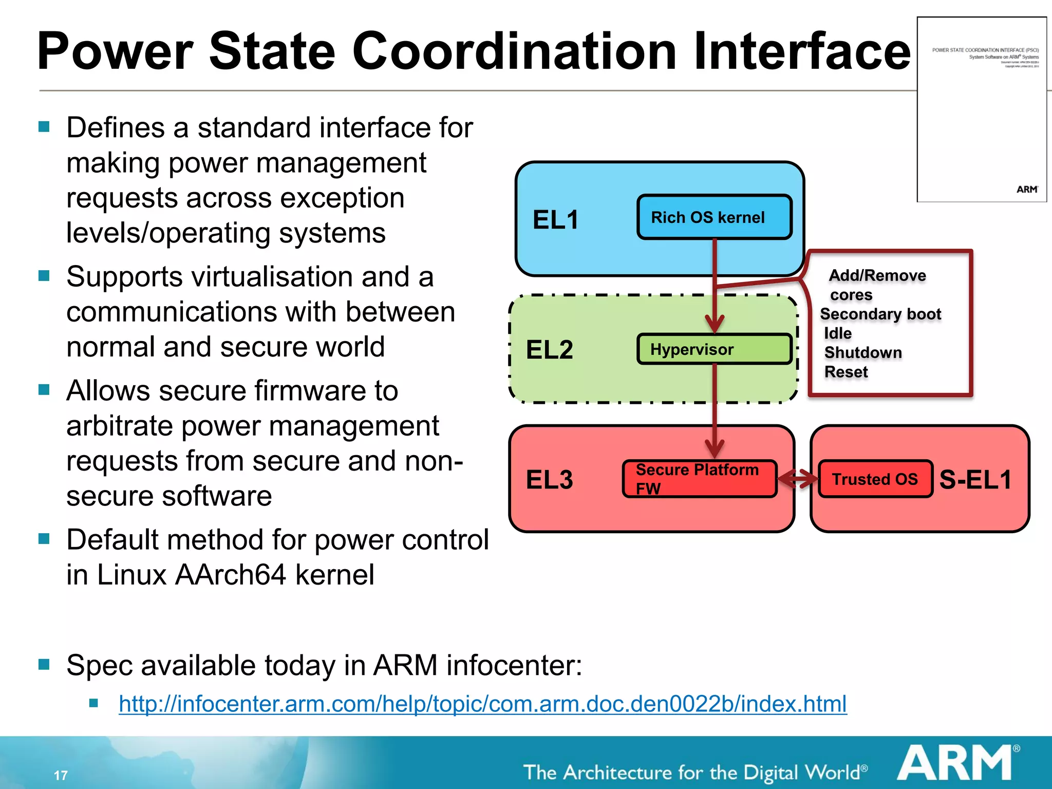 17
S-EL1
Power State Coordination Interface
 Defines a standard interface for
making power management
requests across exception
levels/operating systems
 Supports virtualisation and a
communications with between
normal and secure world
 Allows secure firmware to
arbitrate power management
requests from secure and non-
secure software
 Default method for power control
in Linux AArch64 kernel
EL2
EL3
EL1
Secure Platform
FW
Trusted OS
Rich OS kernel
Hypervisor
Add/Remove
cores
Secondary boot
Idle
Shutdown
Reset
 Spec available today in ARM infocenter:
 http://infocenter.arm.com/help/topic/com.arm.doc.den0022b/index.html
 