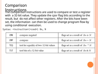 Comparison
Instructions
The comparison instructions are used to compare or test a register
with a 32-bit value. They update the cpsr flag bits according to the
result, but do not affect other registers. After the bits have been
set, the information can then be used to change program flow by
using conditional execution.
 
