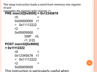 33
The swap instruction loads a word from memory into register
r0 and
overwrites the memory with register r1.
PRE mem32[0x9000] = 0x12345678
r0 =
0x00000000 r1
= 0x11112222
r2 =
0x00009000
SWP r0,
r1, [r2]
POST mem32[0x9000]
= 0x11112222
r0 =
0x12345678 r1
= 0x11112222
r2 =
0x00009000
 