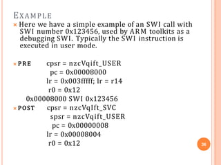 EXAMPLE
🞭 Here we have a simple example of an SWI call with
SWI number 0x123456, used by ARM toolkits as a
debugging SWI. Typically the SWI instruction is
executed in user mode.
🞭 P R E cpsr = nzcVqift_USER
pc = 0x00008000
lr = 0x003fffff; lr = r14
r0 = 0x12
0x00008000 SWI 0x123456
🞭 POST cpsr = nzcVqIft_SVC
spsr = nzcVqift_USER
pc = 0x00000008
lr = 0x00008004
r0 = 0x12 36
 