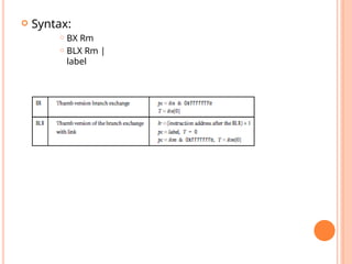  Syntax:
 BX Rm
 BLX Rm |
label
 
