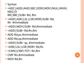  Syntax:
 <ADC|ADD|AND|BIC|EOR|MOV|MUL|MVN|
NEG|O
RR|SBC|SUB> Rd, Rm
 <ADD|ASR|LSL|LSR|ROR|SUB> Rd,
Rn #immediate
 <ADD|MOV|SUB> Rd,#immediate
 <ADD|SUB> Rd,Rn,Rm
 ADD Rd,pc,#immediate
 ADD Rd,sp,#immediate
 <ADD|SUB> sp, #immediate
 <ASR|LSL|LSR|ROR> Rd,Rs
 <CMN|CMP|TST> Rn,Rm
 CMP Rn,#immediate
 MOV Rd,Rn
60
 
