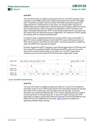 UM10139

Philips Semiconductors
Volume 1

Chapter 10: UART1

Auto-RTS
The auto-RTS function is enabled by setting the CTSen bit. Auto-RTS data flow control
originates in the U1RBR module and is linked to the programmed receiver FIFO trigger
level. If auto-RTS is enabled, when the receiver FIFO level reaches the programmed
trigger level RTS1 is deasserted (to a high value). The sending UART may send an
additional byte after the trigger level is reached (assuming the sending UART has another
byte to send) because it may not recognize the deassertion of RTS1 until after it has
begun sending the additional byte. RTS1 is automatically reasserted (to a low value) once
the receiver FIFO has reached the previous trigger level. The reassertion of RTS1 signals
the sending UART to continue transmitting data.
If auto-RTS mode is disabled the RTSen bit controls the RTS1 output of the UART1. If
auto-RTS mode is enabled hardware controls the RTS1 output and the actual value of
RTS1 will be copied in the RTSen bit of the UART1. As long as auto-RTS is enabled the
value if the RTSen bit is read-only for software.

~
~

Example: Suppose the UART1 operating in type 550 has trigger level in U1FCR set to 0x2
then if auto-RTS is enabled the UART1 will deassert the RTS1 output as soon as the
receive FIFO contains 8 bytes (Table 123 on page 122). The RTS1 output will be
reasserted as soon as the receive FIFO hits the previous trigger level: 4 bytes.

start byte N stop start bits0..7 stop

start bits0..7 stop

~
~

UART1 Rx
RTS1 pin

N-1

N

N-1

N-2

N-1

N-2

M+2

M+1

M

M-1

~
~

UART1 Rx
FIFO level

~~
~~

UART1 Rx
FIFO read

Fig 20. Auto-RTS functional timing

Auto-CTS
The auto-CTS function is enabled by setting the CTSen bit. If auto-CTS is enabled the
transmitter circuitry in the U1TSR module checks CTS1 input before sending the next data
byte. When CTS1 is active (low), the transmitter sends the next byte. To stop the
transmitter from sending the following byte, CTS1 must be released before the middle of
the last stop bit that is currently being sent. In auto-CTS mode a change of the CTS1
signal does not trigger a modem status interrupt unless the CTS Interrupt Enable bit is set,
Delta CTS bit in the U1MSR will be set though. Table 126 lists the conditions for
generating a Modem Status interrupt.

© Koninklijke Philips Electronics N.V. 2005. All rights reserved.

User manual

Rev. 01 — 15 August 2005

124

 
