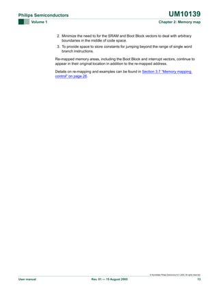 UM10139

Philips Semiconductors
Volume 1

Chapter 2: Memory map

2. Minimize the need to for the SRAM and Boot Block vectors to deal with arbitrary
boundaries in the middle of code space.
3. To provide space to store constants for jumping beyond the range of single word
branch instructions.
Re-mapped memory areas, including the Boot Block and interrupt vectors, continue to
appear in their original location in addition to the re-mapped address.
Details on re-mapping and examples can be found in Section 3.7 “Memory mapping
control” on page 26.

© Koninklijke Philips Electronics N.V. 2005. All rights reserved.

User manual

Rev. 01 — 15 August 2005

13

 
