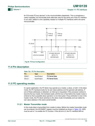 UM10139

Philips Semiconductors
Volume 1

Chapter 11: I2C interfaces

for F/S-mode I2C-bus devices" in the microcontrollers datasheet). This is sometimes a
useful capability, but intrinsically limits alternate uses for the same pins if the I2C interface
is not used. Seldom is this capability needed on multiple I2C interfaces within the same
microcontroller.

Pull-up
resisor

Pull-up
resisor
SDA

I2 C BUS
SCL

SDA

SCL

LPC2141/2/4/6/8

OTHER DEVICE
WITH I 2C
INTERFACE

OTHER DEVICE
WITH I 2 C
INTERFACE

Fig 24. I2C-bus Configuration

11.4 Pin description
Table 132: I2C Pin Description
Pin

Type

Description

SDA0,1

Input/Output

I2C Serial Data.

SCL0,1

Input/Output

I2C Serial Clock.

11.5 I2C operating modes
In a given application, the I2C block may operate as a master, a slave, or both. In the slave
mode, the I2C hardware looks for its own slave address and the general call address. If
one of these addresses is detected, an interrupt is requested. If the processor wishes to
become the bus master, the hardware waits until the bus is free before the master mode is
entered so that a possible slave operation is not interrupted. If bus arbitration is lost in the
master mode, the I2C block switches to the slave mode immediately and can detect its
own slave address in the same serial transfer.

11.5.1 Master Transmitter mode
In this mode data is transmitted from master to slave. Before the master transmitter mode
can be entered, the I2CONSET register must be initialized as shown in Table 133. I2EN
must be set to 1 to enable the I2C function. If the AA bit is 0, the I2C interface will not

© Koninklijke Philips Electronics N.V. 2005. All rights reserved.

User manual

Rev. 01 — 15 August 2005

134

 