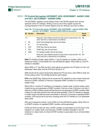 UM10139

Philips Semiconductors
Volume 1

Chapter 11: I2C interfaces

11.7.1 I2C Control Set register (I2CONSET: I2C0, I2C0CONSET - 0xE001 C000
and I2C1, I2C1CONSET - 0xE005 C000)
The I2CONSET registers control setting of bits in the I2CON register that controls
operation of the I2C interface. Writing a one to a bit of this register causes the
corresponding bit in the I2C control register to be set. Writing a zero has no effect.
Table 136: I2C Control Set register (I2CONSET: I2C0, I2C0CONSET - address 0xE001 C000
and I2C1, I2C1CONSET - address 0xE005 C000) bit description
Bit Symbol

Description

1:0 -

Reserved. User software should not write ones to reserved bits. The NA
value read from a reserved bit is not defined.

2

AA

Assert acknowledge flag. See the text below.

3

SI

I2C interrupt flag.

0

4

STO

STOP flag. See the text below.

0

5

STA

START flag. See the text below.

0

6

I2EN

I2C

0

7

-

Reserved. User software should not write ones to reserved bits. The NA
value read from a reserved bit is not defined.

interface enable. See the text below.

Reset
value

I2EN I2C Interface Enable. When I2EN is 1, the I2C interface is enabled. I2EN can be
cleared by writing 1 to the I2ENC bit in the I2CONCLR register. When I2EN is 0, the I2C
interface is disabled.
When I2EN is “0”, the SDA and SCL input signals are ignored, the I2C block is in the “not
addressed” slave state, and the STO bit is forced to “0”.
I2EN should not be used to temporarily release the I2C-bus since, when I2EN is reset, the
I2C-bus status is lost. The AA flag should be used instead.
STA is the START flag. Setting this bit causes the I2C interface to enter master mode and
transmit a START condition or transmit a repeated START condition if it is already in
master mode.
When STA is 1 and the I2C interface is not already in master mode, it enters master mode,
checks the bus and generates a START condition if the bus is free. If the bus is not free, it
waits for a STOP condition (which will free the bus) and generates a START condition after
a delay of a half clock period of the internal clock generator. If the I2C interface is already
in master mode and data has been transmitted or received, it transmits a repeated START
condition. STA may be set at any time, including when the I2C interface is in an addressed
slave mode.
STA can be cleared by writing 1 to the STAC bit in the I2CONCLR register. When STA is 0,
no START condition or repeated START condition will be generated.
If STA and STO are both set, then a STOP condition is transmitted on the I2C-bus if it the
interface is in master mode, and transmits a START condition thereafter. If the I2C
interface is in slave mode, an internal STOP condition is generated, but is not transmitted
on the bus.

© Koninklijke Philips Electronics N.V. 2005. All rights reserved.

User manual

Rev. 01 — 15 August 2005

143

 