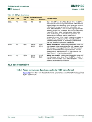 UM10139

Philips Semiconductors
Volume 1

Chapter 13: SSP

Table 161: SSP pin descriptions
Pin Name

Type

SSEL1

Interface pin name/function

Pin Description

SPI

SSI

Microwire

I/O

SSEL

FS

CS

Slave Select/Frame Sync/Chip Select. When the SSP is a
bus master, it drives this signal from shortly before the start
of serial data, to shortly after the end of serial data, to signify
a data transfer as appropriate for the selected bus and
mode. When the SSP is a bus slave, this signal qualifies the
presence of data from the Master, according to the protocol
in use. When there is just one bus master and one bus
slave, the Frame Sync or Slave Select signal from the
Master can be connected directly to the slave’s
corresponding input. When there is more than one slave on
the bus, further qualification of their Frame Select/Slave
Select inputs will typically be necessary to prevent more
than one slave from responding to a transfer.

MISO1

I/O

MISO

DR(M)
DX(S)

SI(M)
SO(S)

Master In Slave Out. The MISO signal transfers serial data
from the slave to the master. When the SSP is a slave, serial
data is output on this signal. When the SSP is a master, it
clocks in serial data from this signal. When the SSP is a
slave and is not selected by SSEL, it does not drive this
signal (leaves it in high impedance state).

MOSI1

I/O

MOSI

DX(M)
DR(S)

SO(M)
SI(S)

Master Out Slave In. The MOSI signal transfers serial data
from the master to the slave. When the SSP is a master, it
outputs serial data on this signal. When the SSP is a slave, it
clocks in serial data from this signal.

13.3 Bus description
13.3.1 Texas Instruments Synchronous Serial (SSI) frame format
Figure 42 shows the 4-wire Texas Instruments synchronous serial frame format supported
by the SSP module.

© Koninklijke Philips Electronics N.V. 2005. All rights reserved.

User manual

Rev. 01 — 15 August 2005

181

 