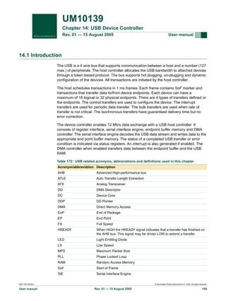 UM10139
Chapter 14: USB Device Controller
Rev. 01 — 15 August 2005

User manual

14.1 Introduction
The USB is a 4 wire bus that supports communication between a host and a number (127
max.) of peripherals. The host controller allocates the USB bandwidth to attached devices
through a token based protocol. The bus supports hot plugging, un-plugging and dynamic
configuration of the devices. All transactions are initiated by the host controller.
The host schedules transactions in 1 ms frames. Each frame contains SoF marker and
transactions that transfer data to/from device endpoints. Each device can have a
maximum of 16 logical or 32 physical endpoints. There are 4 types of transfers defined or
the endpoints. The control transfers are used to configure the device. The interrupt
transfers are used for periodic data transfer. The bulk transfers are used when rate of
transfer is not critical. The isochronous transfers have guaranteed delivery time but no
error correction.
The device controller enables 12 Mb/s data exchange with a USB host controller. It
consists of register interface, serial interface engine, endpoint buffer memory and DMA
controller. The serial interface engine decodes the USB data stream and writes data to the
appropriate end point buffer memory. The status of a completed USB transfer or error
condition is indicated via status registers. An interrupt is also generated if enabled. The
DMA controller when enabled transfers data between the endpoint buffer and the USB
RAM.
Table 172: USB related acronyms, abbreviations and definitions used in this chapter
Acronym/abbreviation Description
AHB

Advanced High-performance bus

ATLE

Auto Transfer Length Extraction

ATX

Analog Transceiver

DD

DMA Descriptor

DC

Device Core

DDP

DD Pointer

DMA

Direct Memory Access

EoP

End of Package

EP

End Point

FS

Full Speed

HREADY

When HIGH the HREADY signal indicates that a transfer has finished on
the AHB bus. This signal may be driven LOW to extend a transfer.

LED

Light Emitting Diode

LS

Low Speed

MPS

Maximum Packet Size

PLL

Phase Locked Loop

RAM

Random Access Memory

SoF

Start of Frame

SIE

Serial Interface Engine

9397 750 XXXXX

User manual

© Koninklijke Philips Electronics N.V. 2005. All rights reserved.

Rev. 01 — 15 August 2005

194

 
