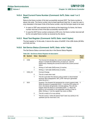 UM10139

Philips Semiconductors
Volume 1

Chapter 14: USB Device Controller

14.9.4 Read Current Frame Number (Command: 0xF5, Data: read 1 or 2
bytes)
Returns the frame number of the last successfully received SOF. The frame number is
eleven bits wide. The frame number returns least significant byte first. In case the user is
only interested in the lower 8 bits of the frame number, only the first byte needs to be read.

• In case no SOF was received by the device at the beginning of a frame, the frame
number returned is that of the last successfully received SOF.

• In case the SOF frame number contained a CRC error, the frame number returned will
be the corrupted frame number as received by the device.

14.9.5 Read Test Register (Command: 0xFD, Data: read 2 bytes)
The test register is 16 bits wide. It returns the value of 0xA50F, if the USB clocks (48 Mhz
and hclk) are fine.

14.9.6 Set Device Status (Command: 0xFE, Data: write 1 byte)
The Set Device Status command sets bits in the Device Status Register.
Table 229: Set Device Status Register bit description
Bit

Symbol

0

Value Description

CON

Reset
value

The Connect bit indicates the current connect status of the
0
device. It controls the SoftConnect_N output pin, used for
SoftConnect. Reading the connect bit returns the current connect
status.
0
1

1

Writing a 0 will make SoftConnect_N inactive.
Writing a 1 will make SoftConnect_N active.

CON_CH

Connect Change.

0

0
1

2

This bit is reset when read.
This bit is set when the device’s pull-up resistor is disconnected
because VBus disappeared. DEV_STAT interrupt is generated
when this bit is 1.

SUS

Suspend: The Suspend bit represents the current suspend state. 0
When the device is suspended (SUS = 1) and the CPU writes a 0
into it, the device will generate a remote wakeup. This will only
happen when the device is connected (CON = 1). When the
device is not connected or not suspended, writing a 0 has no
effect. Writing a 1 into this register has never an effect.
0

This bit is reset to 0 on any activity.

1

This bit is set to 1 when the device hasn’t seen any activity on its
upstream port for more than 3 ms.

9397 750 XXXXX

User manual

© Koninklijke Philips Electronics N.V. 2005. All rights reserved.

Rev. 01 — 15 August 2005

225

 