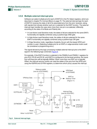 UM10139

Philips Semiconductors
Volume 1

Chapter 3: System Control Block

3.5.6 Multiple external interrupt pins
Software can select multiple pins for each of EINT3:0 in the Pin Select registers, which are
described in chapter Pin Connect Block on page 75. The external interrupt logic for each
of EINT3:0 receives the state of all of its associated pins from the pins’ receivers, along
with signals that indicate whether each pin is selected for the EINT function. The external
interrupt logic handles the case when more than one pin is so selected, differently
according to the state of its Mode and Polarity bits:

• In Low-Active Level Sensitive mode, the states of all pins selected for the same EINTx
functionality are digitally combined using a positive logic AND gate.

• In High-Active Level Sensitive mode, the states of all pins selected for the same
EINTx functionality are digitally combined using a positive logic OR gate.

• In Edge Sensitive mode, regardless of polarity, the pin with the lowest GPIO port
number is used. (Selecting multiple pins for an EINTx in edge-sensitive mode could
be considered a programming error.)
The signal derived by this logic processing multiple external interrupt pins is the EINTi
signal in the following logic schematic Figure 8.
For example, if the EINT3 function is selected in the PINSEL0 and PINSEL1 registers for
pins P0.9, P0.20 and P0.30, and EINT3 is configured to be low level sensitive, the inputs
from all three pins will be logically ANDed. When more than one EINT pin is logically
ORed, the interrupt service routine can read the states of the pins from the GPIO port
using the IO0PIN and IO1PIN registers, to determine which pin(s) caused the interrupt.

Wakeup enable
(one bit of EXTWAKE)

VPB Bus Data

GLITCH
FILTER

EINTi

D

VPB Read
of EXTWAKE
EINTi to
Wakeup Timer
(Figure 11)

Q

PCLK

Interrupt Flag
(one bit of EXTINT)

EXTPOLARi

1

D

S

S
Q

Q
R

EXTMODEi

S

R
PCLK

Q

to VIC

R
PCLK

VPB Read
of EXTINT

Reset
Write 1 to EXTINTi
Fig 8. External interrupt logic
© Koninklijke Philips Electronics N.V. 2005. All rights reserved.

User manual

Rev. 01 — 15 August 2005

25

 
