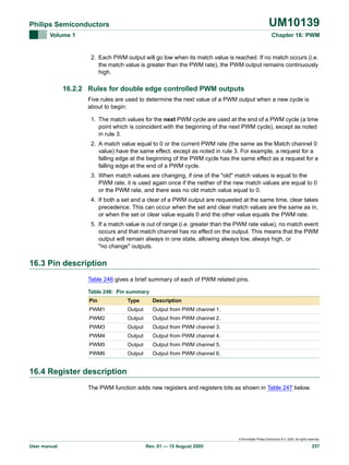 UM10139

Philips Semiconductors
Volume 1

Chapter 16: PWM

2. Each PWM output will go low when its match value is reached. If no match occurs (i.e.
the match value is greater than the PWM rate), the PWM output remains continuously
high.

16.2.2 Rules for double edge controlled PWM outputs
Five rules are used to determine the next value of a PWM output when a new cycle is
about to begin:
1. The match values for the next PWM cycle are used at the end of a PWM cycle (a time
point which is coincident with the beginning of the next PWM cycle), except as noted
in rule 3.
2. A match value equal to 0 or the current PWM rate (the same as the Match channel 0
value) have the same effect, except as noted in rule 3. For example, a request for a
falling edge at the beginning of the PWM cycle has the same effect as a request for a
falling edge at the end of a PWM cycle.
3. When match values are changing, if one of the "old" match values is equal to the
PWM rate, it is used again once if the neither of the new match values are equal to 0
or the PWM rate, and there was no old match value equal to 0.
4. If both a set and a clear of a PWM output are requested at the same time, clear takes
precedence. This can occur when the set and clear match values are the same as in,
or when the set or clear value equals 0 and the other value equals the PWM rate.
5. If a match value is out of range (i.e. greater than the PWM rate value), no match event
occurs and that match channel has no effect on the output. This means that the PWM
output will remain always in one state, allowing always low, always high, or
"no change" outputs.

16.3 Pin description
Table 246 gives a brief summary of each of PWM related pins.
Table 246: Pin summary
Pin

Type

Description

PWM1

Output

Output from PWM channel 1.

PWM2

Output

Output from PWM channel 2.

PWM3

Output

Output from PWM channel 3.

PWM4

Output

Output from PWM channel 4.

PWM5

Output

Output from PWM channel 5.

PWM6

Output

Output from PWM channel 6.

16.4 Register description
The PWM function adds new registers and registers bits as shown in Table 247 below.

© Koninklijke Philips Electronics N.V. 2005. All rights reserved.

User manual

Rev. 01 — 15 August 2005

257

 