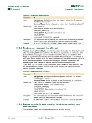 UM10139

Philips Semiconductors
Volume 1

Chapter 21: Flash Memory

Table 293: ISP Write to RAM command
Command

W

Input

Start Address: RAM address where data bytes are to be written. This address
should be a word boundary.
Number of Bytes: Number of bytes to be written. Count should be a multiple of 4

Return Code

CMD_SUCCESS |
ADDR_ERROR (Address not on word boundary) |
ADDR_NOT_MAPPED |
COUNT_ERROR (Byte count is not multiple of 4) |
PARAM_ERROR |
CODE_READ_PROTECTION_ENABLED

Description

This command is used to download data to RAM. Data should be in UU-encoded
format. This command is blocked when code read protection is enabled.

Example

"W 1073742336 4<CR><LF>" writes 4 bytes of data to address 0x4000 0200.

21.8.5 Read memory <address> <no. of bytes>
The data stream is followed by the command success return code. The check-sum is sent
after transmitting 20 UU-encoded lines. The checksum is generated by adding raw data
(before UU-encoding) bytes and is reset after transmitting 20 UU-encoded lines. The
length of any UU-encoded line should not exceed 61 characters(bytes) i.e. it can hold 45
data bytes. When the data fits in less then 20 UU-encoded lines then the check-sum is of
actual number of bytes sent. The host should compare it with the checksum of the
received bytes. If the check-sum matches then the host should respond with
"OK<CR><LF>" to continue further transmission. If the check-sum does not match then
the host should respond with "RESEND<CR><LF>". In response the ISP command
handler sends the data again.
Table 294: ISP Read memory command
Command

R

Input

Start Address: Address from where data bytes are to be read. This address
should be a word boundary.
Number of Bytes: Number of bytes to be read. Count should be a multiple of 4.

Return Code

CMD_SUCCESS followed by <actual data (UU-encoded)> |
ADDR_ERROR (Address not on word boundary) |
ADDR_NOT_MAPPED |
COUNT_ERROR (Byte count is not a multiple of 4) |
PARAM_ERROR |
CODE_READ_PROTECTION_ENABLED

Description

This command is used to read data from RAM or Flash memory. This command is
blocked when code read protection is enabled.

Example

"R 1073741824 4<CR><LF>" reads 4 bytes of data from address 0x4000 0000.

21.8.6 Prepare sector(s) for write operation <start sector number> <end
sector number>
This command makes flash write/erase operation a two step process.

© Koninklijke Philips Electronics N.V. 2005. All rights reserved.

User manual

Rev. 01 — 15 August 2005

300

 
