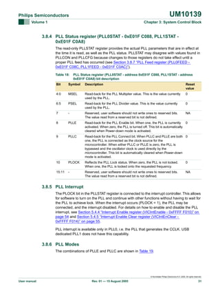 UM10139

Philips Semiconductors
Volume 1

Chapter 3: System Control Block

3.8.4 PLL Status register (PLL0STAT - 0xE01F C088, PLL1STAT 0xE01F C0A8)
The read-only PLLSTAT register provides the actual PLL parameters that are in effect at
the time it is read, as well as the PLL status. PLLSTAT may disagree with values found in
PLLCON and PLLCFG because changes to those registers do not take effect until a
proper PLL feed has occurred (see Section 3.8.7 “PLL Feed register (PLL0FEED 0xE01F C08C, PLL1FEED - 0xE01F C0AC)”).
Table 18:

PLL Status register (PLL0STAT - address 0xE01F C088, PLL1STAT - address
0xE01F C0A8) bit description

Bit

Symbol

Description

Reset
value

4:0

MSEL

Read-back for the PLL Multiplier value. This is the value currently
used by the PLL.

0

6:5

PSEL

Read-back for the PLL Divider value. This is the value currently
used by the PLL.

0

7

-

Reserved, user software should not write ones to reserved bits.
The value read from a reserved bit is not defined.

NA

8

PLLE

Read-back for the PLL Enable bit. When one, the PLL is currently 0
activated. When zero, the PLL is turned off. This bit is automatically
cleared when Power-down mode is activated.

9

PLLC

Read-back for the PLL Connect bit. When PLLC and PLLE are both 0
one, the PLL is connected as the clock source for the
microcontroller. When either PLLC or PLLE is zero, the PLL is
bypassed and the oscillator clock is used directly by the
microcontroller. This bit is automatically cleared when Power-down
mode is activated.

10

PLOCK

Reflects the PLL Lock status. When zero, the PLL is not locked.
When one, the PLL is locked onto the requested frequency.

0

15:11

-

Reserved, user software should not write ones to reserved bits.
The value read from a reserved bit is not defined.

NA

3.8.5 PLL Interrupt
The PLOCK bit in the PLLSTAT register is connected to the interrupt controller. This allows
for software to turn on the PLL and continue with other functions without having to wait for
the PLL to achieve lock. When the interrupt occurs (PLOCK = 1), the PLL may be
connected, and the interrupt disabled. For details on how to enable and disable the PLL
interrupt, see Section 5.4.4 “Interrupt Enable register (VICIntEnable - 0xFFFF F010)” on
page 54 and Section 5.4.5 “Interrupt Enable Clear register (VICIntEnClear 0xFFFF F014)” on page 55.
PLL interrupt is available only in PLL0, i.e. the PLL that generates the CCLK. USB
dedicated PLL1 does not have this capability.

3.8.6 PLL Modes
The combinations of PLLE and PLLC are shown in Table 19.

© Koninklijke Philips Electronics N.V. 2005. All rights reserved.

User manual

Rev. 01 — 15 August 2005

31

 