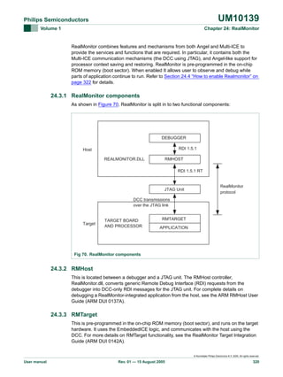 UM10139

Philips Semiconductors
Volume 1

Chapter 24: RealMonitor

RealMonitor combines features and mechanisms from both Angel and Multi-ICE to
provide the services and functions that are required. In particular, it contains both the
Multi-ICE communication mechanisms (the DCC using JTAG), and Angel-like support for
processor context saving and restoring. RealMonitor is pre-programmed in the on-chip
ROM memory (boot sector). When enabled It allows user to observe and debug while
parts of application continue to run. Refer to Section 24.4 “How to enable Realmonitor” on
page 322 for details.

24.3.1 RealMonitor components
As shown in Figure 70, RealMonitor is split in to two functional components:

DEBUGGER
RDI 1.5.1

Host
REALMONITOR.DLL

RMHOST
RDI 1.5.1 RT

JTAG Unit

RealMonitor
protocol

DCC transmissions
over the JTAG link

Target

TARGET BOARD
AND PROCESSOR

RMTARGET
APPLICATION

Fig 70. RealMonitor components

24.3.2 RMHost
This is located between a debugger and a JTAG unit. The RMHost controller,
RealMonitor.dll, converts generic Remote Debug Interface (RDI) requests from the
debugger into DCC-only RDI messages for the JTAG unit. For complete details on
debugging a RealMonitor-integrated application from the host, see the ARM RMHost User
Guide (ARM DUI 0137A).

24.3.3 RMTarget
This is pre-programmed in the on-chip ROM memory (boot sector), and runs on the target
hardware. It uses the EmbeddedICE logic, and communicates with the host using the
DCC. For more details on RMTarget functionality, see the RealMonitor Target Integration
Guide (ARM DUI 0142A).
© Koninklijke Philips Electronics N.V. 2005. All rights reserved.

User manual

Rev. 01 — 15 August 2005

320

 