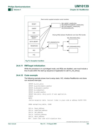 UM10139

Philips Semiconductors
Volume 1

Chapter 24: RealMonitor

Real monitor supplied exception vector handlers
RM_UNDEF_HANDLER()
RM_PREFETCHABORT_HANDLER()
RM_DATAABORT_HANDLER()
RM_IRQHANDLER()

RESET
UNDEF
SWI

Sharing IRQs between ReaMonitor and User IRQ handler
PREFETCH
ABORT

RM_IRQHANDLER2()

DATA ABORT

APP_IRQDISPATCH

RESERVED

APP_IRQHANDLER2()
OR

IRQ
FIQ

Fig 72. Exception handlers

24.4.11 RMTarget initialization
While the processor is in a privileged mode, and IRQs are disabled, user must include a
line of code within the start-up sequence of application to call rm_init_entry().

24.4.12 Code example
The following example shows how to setup stack, VIC, initialize RealMonitor and share
non vectored interrupts:
IMPORT rm_init_entry
IMPORT rm_prefetchabort_handler
IMPORT rm_dataabort_handler
IMPORT rm_irqhandler2
IMPORT rm_undef_handler
IMPORT User_Entry ;Entry point of user application.
CODE32
ENTRY
;Define exception table. Instruct linker to place code at address 0x0000 0000
AREA exception_table, CODE

LDR
LDR
LDR
LDR
LDR
NOP

pc, Reset_Address
pc, Undefined_Address
pc, SWI_Address
pc, Prefetch_Address
pc, Abort_Address
; Insert User code valid signature here.
© Koninklijke Philips Electronics N.V. 2005. All rights reserved.

User manual

Rev. 01 — 15 August 2005

324

 