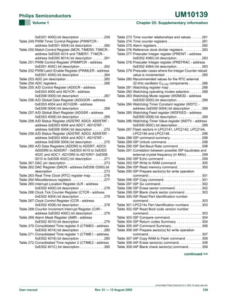 UM10139

Philips Semiconductors
Volume 1

Chapter 25: Supplementary information

0xE001 4000) bit description . . . . . . . . . . . . .259
Table 249:PWM Timer Control Register (PWMTCR address 0xE001 4004) bit description . . . . . .260
Table 250:Match Control Register (MCR, TIMER0: T0MCR address 0xE000 4014 and TIMER1: T1MCR address 0xE000 8014) bit description . . . . . .261
Table 251:PWM Control Register (PWMPCR - address
0xE001 404C) bit description . . . . . . . . . . . . .262
Table 252:PWM Latch Enable Register (PWMLER - address
0xE001 4050) bit description . . . . . . . . . . . . .264
Table 253:ADC pin description . . . . . . . . . . . . . . . . . . . .265
Table 254:ADC registers . . . . . . . . . . . . . . . . . . . . . . . . .266
Table 255:A/D Control Register (AD0CR - address
0xE003 4000 and AD1CR - address
0xE006 0000) bit description . . . . . . . . . . . . .267
Table 256:A/D Global Data Register (AD0GDR - address
0xE003 4004 and AD1GDR - address
0xE006 0004) bit description . . . . . . . . . . . . .268
Table 257:A/D Global Start Register (ADGSR - address
0xE003 4008) bit description . . . . . . . . . . . . .269
Table 258:A/D Status Register (ADSTAT, ADC0: AD0STAT address 0xE003 4004 and ADC1: AD1STAT address 0xE006 0004) bit description . . . . . .270
Table 259:A/D Status Register (ADSTAT, ADC0: AD0STAT address 0xE003 4004 and ADC1: AD1STAT address 0xE006 0004) bit description . . . . . .270
Table 260:A/D Data Registers (ADDR0 to ADDR7, ADC0:
AD0DR0 to AD0DR7 - 0xE003 4010 to 0xE003
402C and ADC1: AD1DR0 to AD1DR7- 0xE006
0010 to 0xE006 402C) bit description . . . . . .271
Table 261:DAC pin description . . . . . . . . . . . . . . . . . . . .273
Table 262:DAC Register (DACR - address 0xE006 C000) bit
description . . . . . . . . . . . . . . . . . . . . . . . . . . .273
Table 263:Real Time Clock (RTC) register map . . . . . . .276
Table 264:Miscellaneous registers . . . . . . . . . . . . . . . . .277
Table 265:Interrupt Location Register (ILR - address
0xE002 4000) bit description . . . . . . . . . . . . .278
Table 266:Clock Tick Counter Register (CTCR - address
0xE002 4004) bit description . . . . . . . . . . . . .278
Table 267:Clock Control Register (CCR - address
0xE002 4008) bit description . . . . . . . . . . . . .278
Table 268:Counter Increment Interrupt Register (CIIR address 0xE002 400C) bit description . . . . . .279
Table 269:Alarm Mask Register (AMR - address
0xE002 4010) bit description . . . . . . . . . . . . .279
Table 270:Consolidated Time register 0 (CTIME0 - address
0xE002 4014) bit description . . . . . . . . . . . . .280
Table 271:Consolidated Time register 1 (CTIME1 - address
0xE002 4018) bit description . . . . . . . . . . . . .280
Table 272:Consolidated Time register 2 (CTIME2 - address
0xE002 401C) bit description . . . . . . . . . . . . .280

Table 273:Time counter relationships and values. . . . . . 281
Table 274:Time counter registers . . . . . . . . . . . . . . . . . . 281
Table 275:Alarm registers. . . . . . . . . . . . . . . . . . . . . . . . 282
Table 276:Reference clock divider registers . . . . . . . . . . 283
Table 277:Prescaler Integer register (PREINT - address
0xE002 4080) bit description . . . . . . . . . . . . . 283
Table 278:Prescaler Integer register (PREFRAC - address
0xE002 4084) bit description . . . . . . . . . . . . . 283
Table 279:Prescaler cases where the Integer Counter reload
value is incremented . . . . . . . . . . . . . . . . . . . 285
Table 280:Recommended values for the RTC external
32 kHz oscillator CX1/X2 components . . . . . . . 286
Table 281:Watchdog register map . . . . . . . . . . . . . . . . . 288
Table 282:Watchdog operating modes selection . . . . . . 288
Table 283:Watchdog Mode register (WDMOD - address
0xE000 0000) bit description . . . . . . . . . . . . . 289
Table 284:Watchdog Timer Constant register (WDTC address 0xE000 0004) bit description . . . . . . 289
Table 285:Watchdog Feed register (WDFEED - address
0xE000 0008) bit description . . . . . . . . . . . . . 289
Table 286:Watchdog Timer Value register (WDTV - address
0xE000 000C) bit description. . . . . . . . . . . . . 289
Table 287:Flash sectors in LPC2141, LPC2142, LPC2144,
LPC2146 and LPC2148 . . . . . . . . . . . . . . . . . 296
Table 288:ISP command summary. . . . . . . . . . . . . . . . . 298
Table 289:ISP Unlock command. . . . . . . . . . . . . . . . . . . 298
Table 290:ISP Set Baud Rate command . . . . . . . . . . . . 298
Table 291:Correlation between possible ISP baudrates and
external crystal frequency (in MHz) . . . . . . . . 299
Table 292:ISP Echo command . . . . . . . . . . . . . . . . . . . . 299
Table 293:ISP Write to RAM command . . . . . . . . . . . . . 300
Table 294:ISP Read memory command. . . . . . . . . . . . . 300
Table 295:ISP Prepare sector(s) for write operation
command . . . . . . . . . . . . . . . . . . . . . . . . . . . . 301
Table 296:ISP Copy command . . . . . . . . . . . . . . . . . . . . 301
Table 297:ISP Go command. . . . . . . . . . . . . . . . . . . . . . 302
Table 298:ISP Erase sector command . . . . . . . . . . . . . . 302
Table 299:ISP Blank check sector command . . . . . . . . . 303
Table 300:ISP Read Part Identification number
command . . . . . . . . . . . . . . . . . . . . . . . . . . . . 303
Table 301:LPC214x Part Identification numbers . . . . . . 303
Table 302:ISP Read Boot code version number
command . . . . . . . . . . . . . . . . . . . . . . . . . . . . 303
Table 303:ISP Compare command. . . . . . . . . . . . . . . . . 304
Table 304:ISP Return codes Summary . . . . . . . . . . . . . 304
Table 305:IAP Command Summary . . . . . . . . . . . . . . . . 306
Table 306:IAP Prepare sector(s) for write operation
command . . . . . . . . . . . . . . . . . . . . . . . . . . . . 307
Table 307:IAP Copy RAM to Flash command . . . . . . . . 308
Table 308:IAP Erase sector(s) command . . . . . . . . . . . . 308
Table 309:IAP Blank check sector(s) command . . . . . . . 309

continued >>

© Koninklijke Philips Electronics N.V. 2005. All rights reserved.

User manual

Rev. 01 — 15 August 2005

336

 