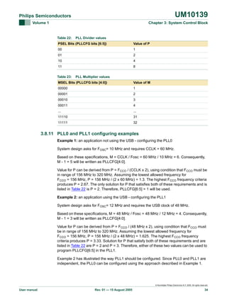 UM10139

Philips Semiconductors
Volume 1

Chapter 3: System Control Block

Table 22:

PLL Divider values

PSEL Bits (PLLCFG bits [6:5])

Value of P

00

1

01

2

10

4

11

8

Table 23:

PLL Multiplier values

MSEL Bits (PLLCFG bits [4:0])

Value of M

00000

1

00001

2

00010

3

00011

4

...

...

11110

31

11111

32

3.8.11 PLL0 and PLL1 configuring examples
Example 1: an application not using the USB - configuring the PLL0
System design asks for FOSC= 10 MHz and requires CCLK = 60 MHz.
Based on these specifications, M = CCLK / Fosc = 60 MHz / 10 MHz = 6. Consequently,
M - 1 = 5 will be written as PLLCFG[4:0].
Value for P can be derived from P = FCCO / (CCLK x 2), using condition that FCCO must be
in range of 156 MHz to 320 MHz. Assuming the lowest allowed frequency for
FCCO = 156 MHz, P = 156 MHz / (2 x 60 MHz) = 1.3. The highest FCCO frequency criteria
produces P = 2.67. The only solution for P that satisfies both of these requirements and is
listed in Table 22 is P = 2. Therefore, PLLCFG[6:5] = 1 will be used.
Example 2: an application using the USB - configuring the PLL1
System design asks for FOSC= 12 MHz and requires the USB clock of 48 MHz.
Based on these specifications, M = 48 MHz / Fosc = 48 MHz / 12 MHz = 4. Consequently,
M - 1 = 3 will be written as PLLCFG[4:0].
Value for P can be derived from P = FCCO / (48 MHz x 2), using condition that FCCO must
be in range of 156 MHz to 320 MHz. Assuming the lowest allowed frequency for
FCCO = 156 MHz, P = 156 MHz / (2 x 48 MHz) = 1.625. The highest FCCO frequency
criteria produces P = 3.33. Solution for P that satisfy both of these requirements and are
listed in Table 22 are P = 2 and P = 3. Therefore, either of these two values can be used to
program PLLCFG[6:5] in the PLL1.
Example 2 has illustrated the way PLL1 should be configured. Since PLL0 and PLL1 are
independent, the PLL0 can be configured using the approach described in Example 1.

© Koninklijke Philips Electronics N.V. 2005. All rights reserved.

User manual

Rev. 01 — 15 August 2005

34

 