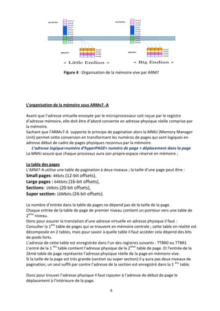 6
Figure 4 : Organisation de la mémoire vive par ARM7
L’organisation de la mémoire sous ARMv7 -A
Avant que l’adresse virtuelle envoyée par le microprocesseur soit reçue par le registre
d’adresse mémoire, elle doit être d’abord convertie en adresse physique réelle comprise par
la mémoire.
Sachant que l’ARMv7-A supporte le principe de pagination alors la MMU (Memory Manager
Unit) permet cette conversion en transformant les numéros de pages qui sont logiques en
adresse début de cadre de pages physiques reconnus par la mémoire.
L’adresse logique=numéro d’hyperPAGE+ numéro de page + déplacement dans la page
La MMU assure que chaque processus aura son propre espace réservé en mémoire ;
La table des pages
L’ARM7-A utilise une table de pagination à deux niveaux ; la taille d’une page peut être :
Small pages: 4Kbits (12-bit offsets),
Large pages : 64Kbits (16-bit offsets),
Sections: 1Mbits (20-bit offsets),
Super section: 16Mbits (24-bit offsets).
Le nombre d’entrée dans la table de pages ne dépend pas de la taille de la page.
Chaque entrée de la table de page de premier niveau contient un pointeur vers une table de
2ème
niveau.
Donc pour assurer la translation d’une adresse virtuelle en adresse physique il faut :
Consulter la 1ère
table de pages qui se trouvent en mémoire centrale ; cette table en réalité est
décomposée en 2 tables, mais pour savoir à quelle table il faut accéder cela dépend des bits
de poids forts.
L’adresse de cette table est enregistrée dans l’un des registres suivants : TTBR0 ou TTBR1
L’entré de la 1 ère
table contient l’adresse physique de la 2ème
table de page. Et l’entrée de la
2èmè table de page représente l’adresse physique réelle de la page en mémoire vive.
Si la taille de la page est très grande (section ou super section) il y aura pas deux niveaux de
pagination, un seul suffit par contre l’adresse de la section est enregistré dans la 1 ère
table.
Donc pour trouver l’adresse physique il faut rajouter à l’adresse de début de page le
déplacement à l’intérieure de la page.
 