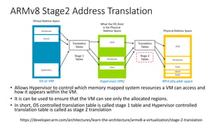 ARMv8 Stage2 Address Translation
• Allows Hypervisor to control which memory mapped system resources a VM can access and
how it appears within the VM.
• It is can be used to ensure that the VM can see only the allocated regions.
• In short, OS controlled translation table is called stage 1 table and Hypervisor controlled
translation table is called as stage 2 translation
https://developer.arm.com/architectures/learn-the-architecture/armv8-a-virtualization/stage-2-translation
resources that are allocated to other VMs or the hypervisor.
For memory address translation, stage 2 translation is a second stage of translation. To support this, a
new set of translation tables known as Stage 2 tables, are required, as shown here:
An Operating System (OS) controls a set of translation tables that map from the virtual address space
to what it thinks is the physical address space. However, this process undergoes a second translation
into the real physical address space. This second stage is controlled by the hypervisor.
The OS-controlled translation is called stage 1 translation, and the hypervisor-controlled translation
is called stage 2 translation. The address space that the OS thinks is physical memory is referred to as
the Intermediate Physical Address (IPA) space.
Note: For an introduction to how address translation works, see our guide on Memory Management.
OS or VM Hypervisor (IPA) RPi3 phy.addr space
 