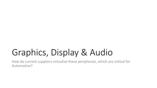 Graphics, Display & Audio
How do current suppliers virtualize these peripherals, which are critical for
Automotive?
 