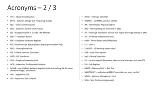 Acronyms – 2 / 3
• DTS – Device Tree Structure
• DVFS – Dynamic Voltage and Frequency Scaling
• ECC – Error Correction Code
• ECU – Electronic Control Units in Cars
• ELx – Exception Level ‘x’ [x: 0 to 3 for ARMv8]
• ERET – Exception Return
• ESR – Exception Syndrome Register
• FIQ – Fast Interrupt Request (takes higher priority than IRQ)
• FPU – Floating Point Unit
• GIC – Global Interrupt Controller
• GICD - GIC Distributor
• GPU – Graphics Processing Unit
• HCR – Hypervisor Configuration Register
• HPFAR – Hyp IPA Fault Address Register. Holds the faulting IPA for some
aborts on stage 2 translation.
• HVC – Hypervisor Call
• I/O – Inputs and / or Outputs
• INTID – Interrupt Identifier
• IOMMU - I/O MMU, same as SMMU.
• IPA - Intermediate Physical Address
• IRQ – Interrupt Request (from I/O to CPU)
• ITS – Interrupt Translation Service that injects Interrupt directly to VMs.
• IVI – In-Vehicle Infotainment unit.
• KVM – Kernel-based Virtual Machine
• L1 – Level 1
• L2RESET – L2 Memory system reset
• LDR – Load from register
• log2 – Binary Logarithm
• LPI - Locality-specific Peripheral Interrupt are interrupts that uses ITS
• LR – Link Register
• MBIST – Memory Built In Self Test
• MBISTRESET – and external MBIST controller can reset the SoC
• MMU – Memory Management Unit
• NDA – Non Disclosure Agreement
 