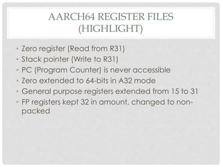 AARCH64 REGISTER FILES
(HIGHLIGHT)
• Zero register (Read from R31)
• Stack pointer (Write to R31)
• PC (Program Counter) is never accessible
• Zero extended to 64-bits in A32 mode
• General purpose registers extended from 15 to 31
• FP registers kept 32 in amount, changed to non-
packed
 