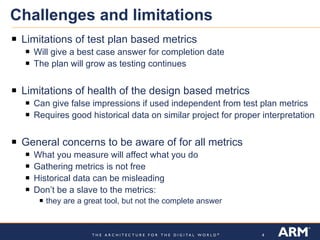 Challenges and limitations Limitations of test plan based metrics Will give a best case answer for completion date The plan will grow as testing continues Limitations of health of the design based metrics Can give false impressions if used independent from test plan metrics Requires good historical data on similar project for proper interpretation General concerns to be aware of for all metrics What you measure will affect what you do Gathering metrics is not free Historical data can be misleading Don’t be a slave to the metrics:  they are a great tool, but not the complete answer 
