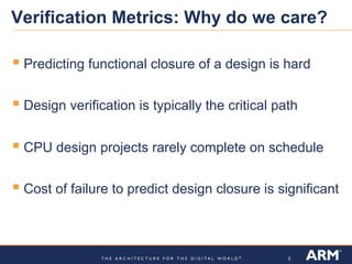 Verification Metrics: Why do we care?

 Predicting functional closure of a design is hard

 Design verification is typically the critical path

 CPU design projects rarely complete on schedule

 Cost of failure to predict design closure is significant


                                                  2
 