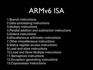 ARMv6 ISA
1.Branch instructions
2.Data-processing instructions
3.Multiply instructions
4.Parallel addition and subtraction instructions
5.Extend instructions
6.Miscellaneous arithmetic instructions
7.Other miscellaneous instructions
8.Status register access instructions
9.Load and store instructions
10.Load and Store Multiple instructions
11.Semaphore instructions
12.Exception-generating instructions
13.Coprocessor instructions
 