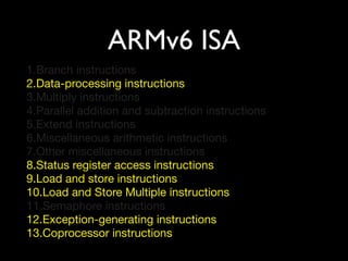 ARMv6 ISA
1.Branch instructions
2.Data-processing instructions
3.Multiply instructions
4.Parallel addition and subtraction instructions
5.Extend instructions
6.Miscellaneous arithmetic instructions
7.Other miscellaneous instructions
8.Status register access instructions
9.Load and store instructions
10.Load and Store Multiple instructions
11.Semaphore instructions
12.Exception-generating instructions
13.Coprocessor instructions
 