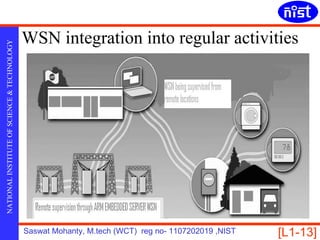 WSN integration into regular activities
NATIONAL INSTITUTE OF SCIENCE & TECHNOLOGY




                                             Saswat Mohanty, M.tech (WCT) reg no- 1107202019 ,NIST   [L1-13]
 