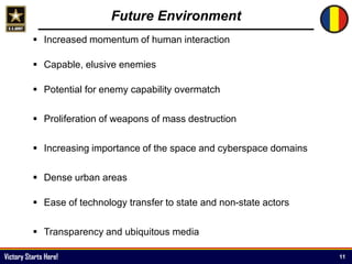 Victory Starts Here!
Future Environment
 Increased momentum of human interaction
 Capable, elusive enemies
 Potential for enemy capability overmatch
 Proliferation of weapons of mass destruction
 Increasing importance of the space and cyberspace domains
 Dense urban areas
 Ease of technology transfer to state and non-state actors
 Transparency and ubiquitous media
11
 