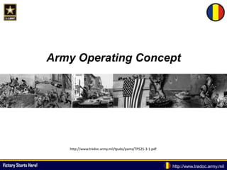 Victory Starts Here! http://www.tradoc.army.mil
Army Operating Concept
http://www.tradoc.army.mil/tpubs/pams/TP525-3-1.pdf
 