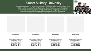 Smart Military Univesity
Name Here
Army
Name Here
Army
Name Here
Army
Name Here
Army
Kebijakan satu peta ini tentu membutuhkan SDM bidang Survey Pemetaan yang
tidak sedikit. Untuk itu Teknik Geomatika Unjani hadir merespon kebijakan
pemerintah guna menyiapkan tenaga professional yang siap mendukung
mempercepat pelaksanaan kegiatan pengambilan data geospasial.
Get a modern PowerPoint
Presentation that is
beautifully designed.
Get a modern PowerPoint
Presentation that is
beautifully designed.
Get a modern PowerPoint
Presentation that is
beautifully designed.
Get a modern PowerPoint
Presentation that is
beautifully designed.
 