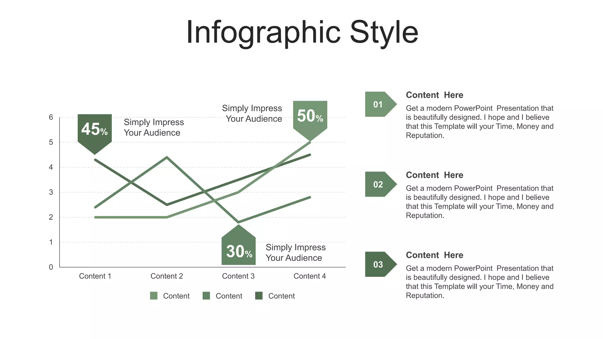Infographic Style
0
1
2
3
4
5
6
Content 1 Content 2 Content 3 Content 4
45%
50%
30%
Content Content Content
Simply Impress
Your Audience
Simply Impress
Your Audience
Simply Impress
Your Audience
Content Here
Get a modern PowerPoint Presentation that
is beautifully designed. I hope and I believe
that this Template will your Time, Money and
Reputation.
01
Content Here
Get a modern PowerPoint Presentation that
is beautifully designed. I hope and I believe
that this Template will your Time, Money and
Reputation.
02
Content Here
Get a modern PowerPoint Presentation that
is beautifully designed. I hope and I believe
that this Template will your Time, Money and
Reputation.
03
 