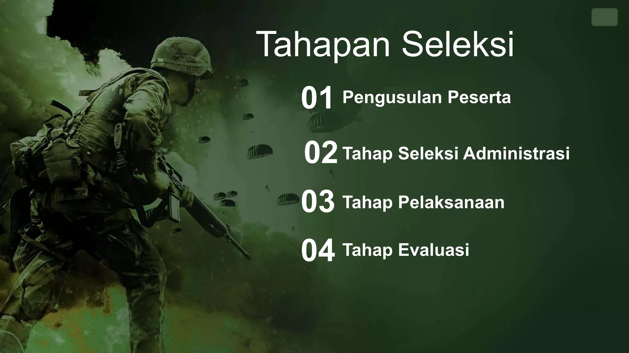 Tahapan Seleksi
Pengusulan Peserta
01
Tahap Seleksi Administrasi
02
Tahap Pelaksanaan
03
Tahap Evaluasi
04
 
