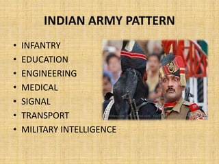 INDIAN ARMY PATTERN
• INFANTRY
• EDUCATION
• ENGINEERING
• MEDICAL
• SIGNAL
• TRANSPORT
• MILITARY INTELLIGENCE
 