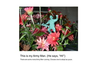 This is my Army Man. (He says, “Hi!”)
There are some more Army Men coming. Choose one to adopt as yours.
 