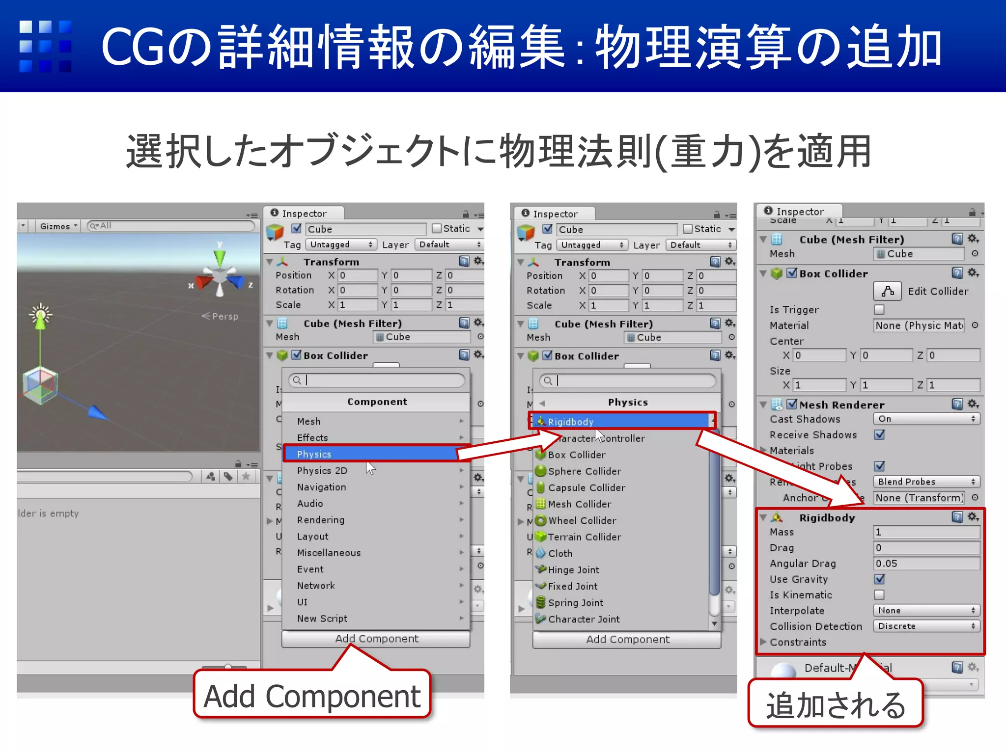 CGの詳細情報の編集：物理演算の追加
Add Component
選択したオブジェクトに物理法則(重力)を適用
追加される
 