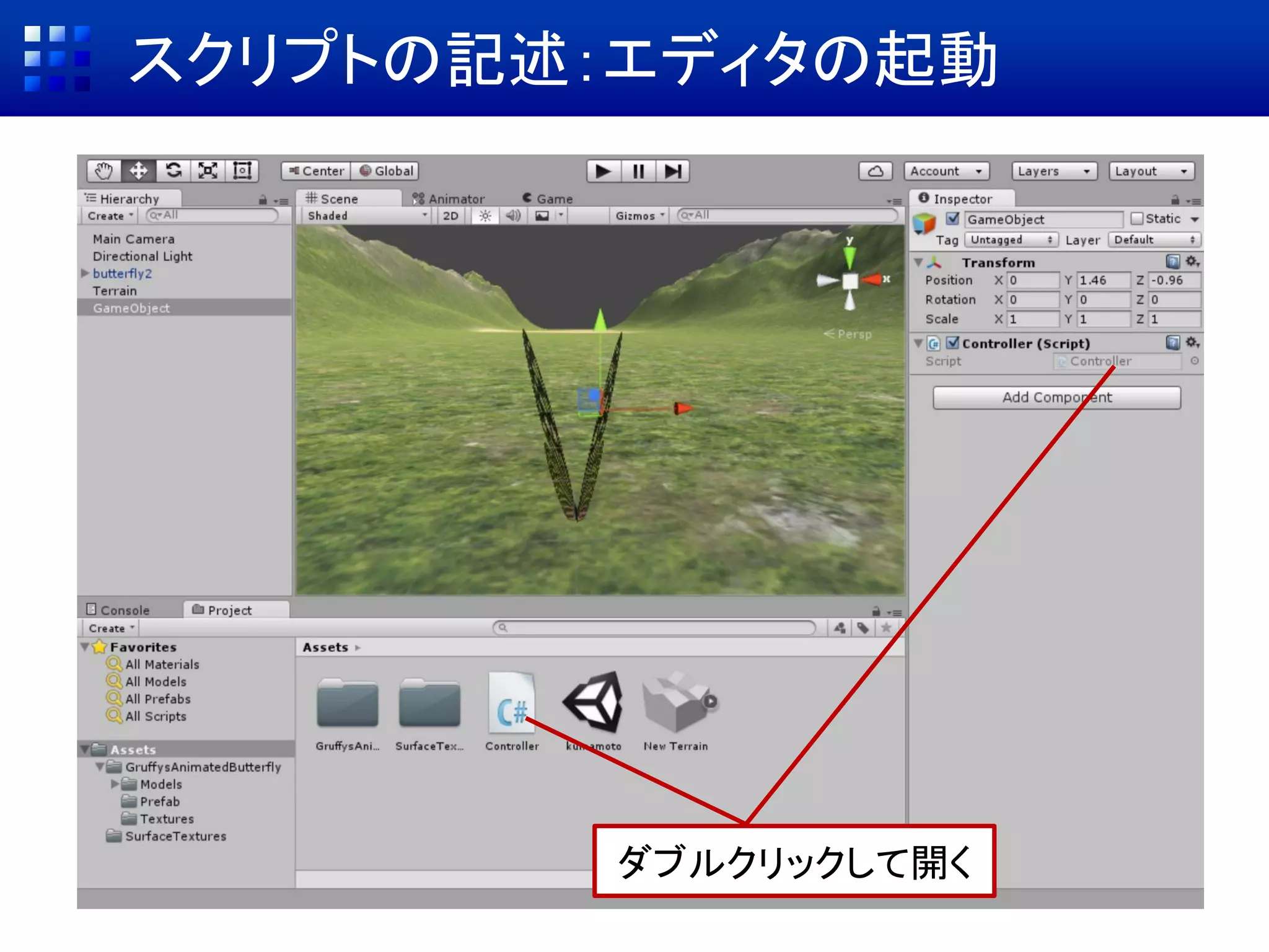 スクリプトの記述：エディタの起動
ダブルクリックして開く
 
