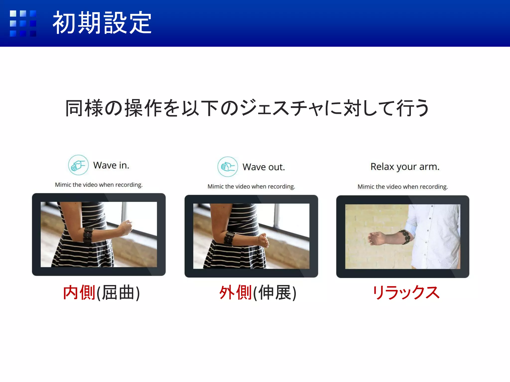 初期設定
同様の操作を以下のジェスチャに対して行う
内側(屈曲) 外側(伸展) リラックス
 
