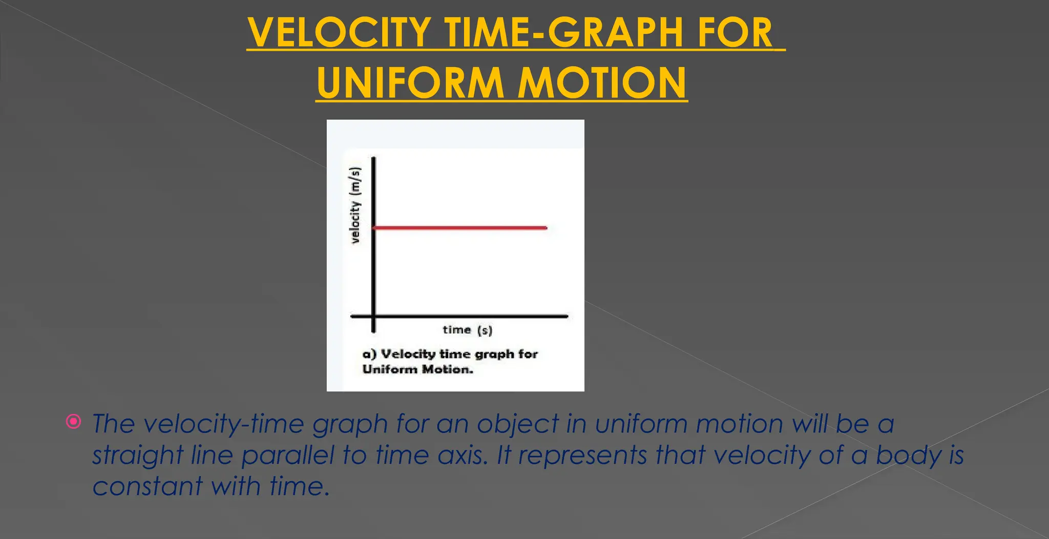 VELOCITY TIME-GRAPH FOR
UNIFORM MOTION
 The velocity-time graph for an object in uniform motion will be a
straight line parallel to time axis. It represents that velocity of a body is
constant with time.
 